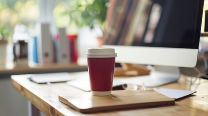 Office desk with a computer, notepad, and coffee cup