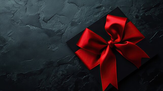 Elegant Red Ribbon Bow on Black Background, Birthday Card Design Template, Minimalist and Stylish Celebration Greeting
