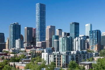 Obraz premium View of a city with tall buildings and busy streets