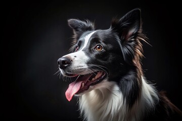 Fototapeta premium Silhouette Border Collie Dog Profile, Tired, Tongue Out, Black and White, Close-up