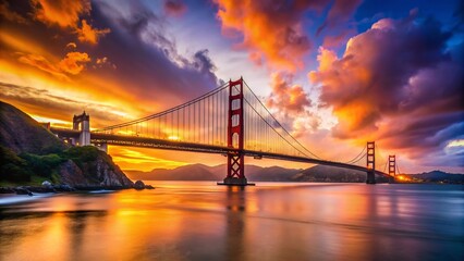 Obraz premium Silhouette Golden Gate Bridge San Francisco Bay Sunset Dramatic Sky