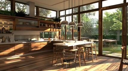 Fototapeta premium Sunlit modern kitchen, island, garden view, home design