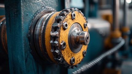 Close-up of Industrial Feeder Component with Gears and Metallic Textures in a Manufacturing Environment