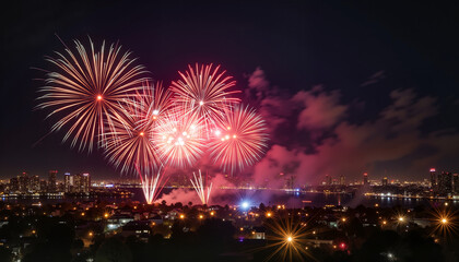 Vibrant fireworks bursting over city skyline at night, festive celebration