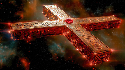 Ancient artifact in the void of space, adorned with engravings and a central red gem.