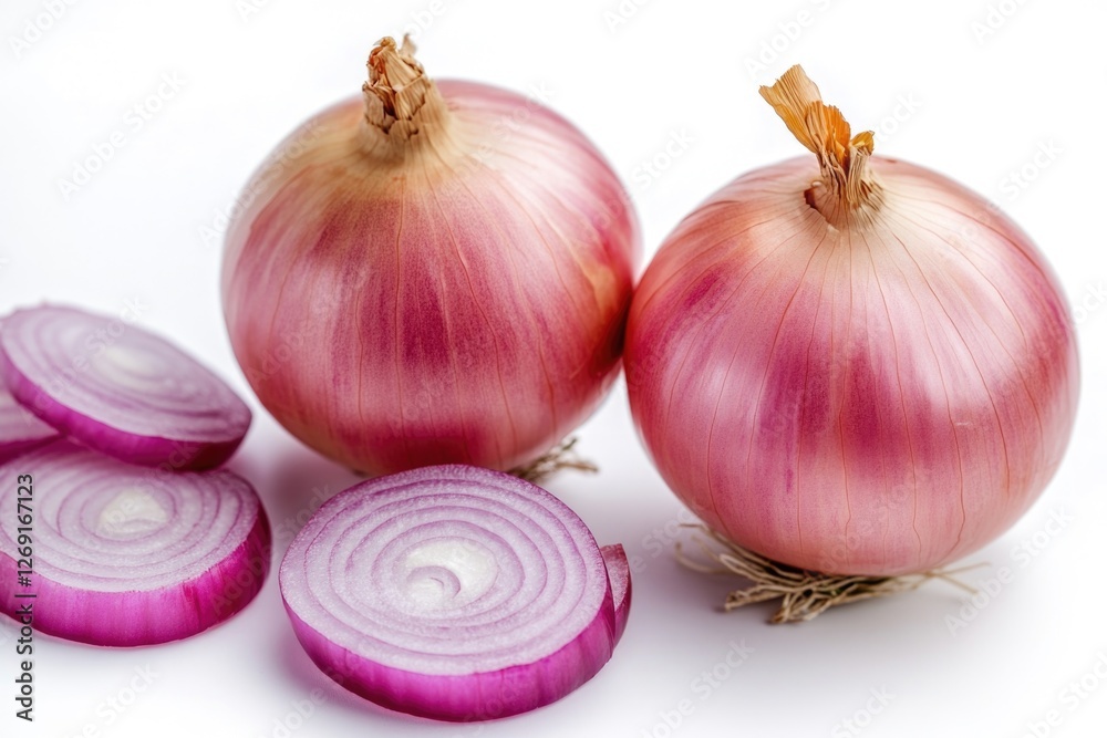 Poster a pair of onions perched on a table surface