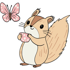 Cute squirrel holding a cup with a butterfly nearby.