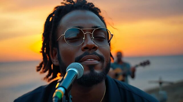 Man with dreadlocks and sunglasses singing into a microphone. The sun is setting in the background