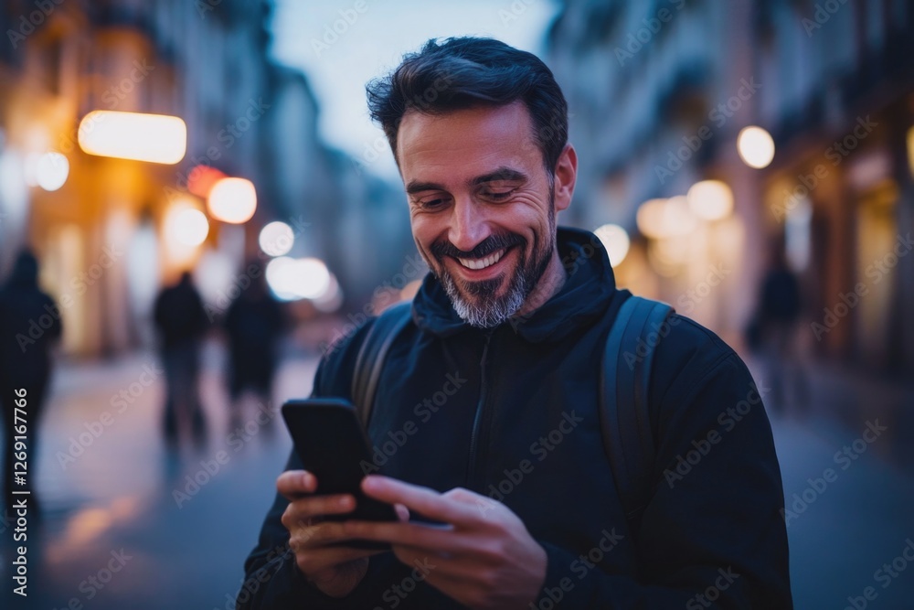 Aufkleber a person smiling and looking at their mobile device