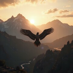 A majestic eagle soars through the air over a mountainous landscape at sunset, its wings spread wide, with a river and silhouetted mountains in the foreground.