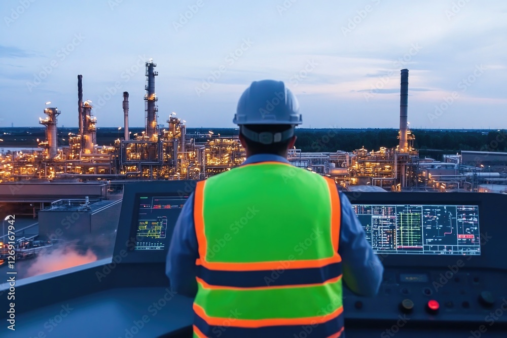 Poster a worker in a safety vest examines machinery in a factory setting