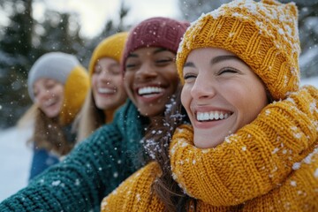 Group of friends capturing memories in the snow, perfect for social media posts or winter-themed promotions