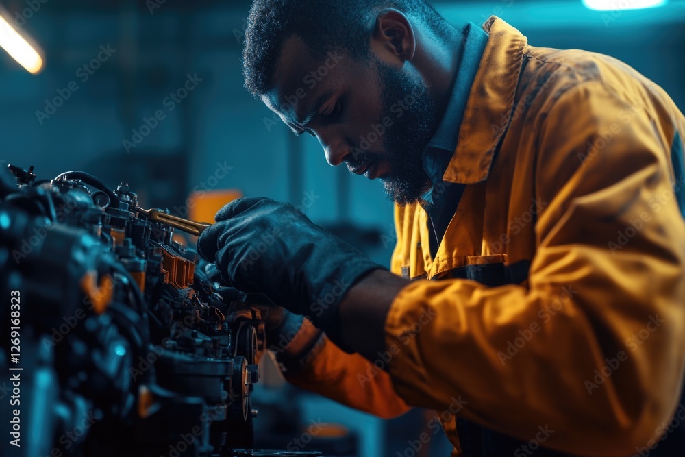 Poster A person working on a machine in a factory environment, suitable for use in industry-themed designs or illustrations
