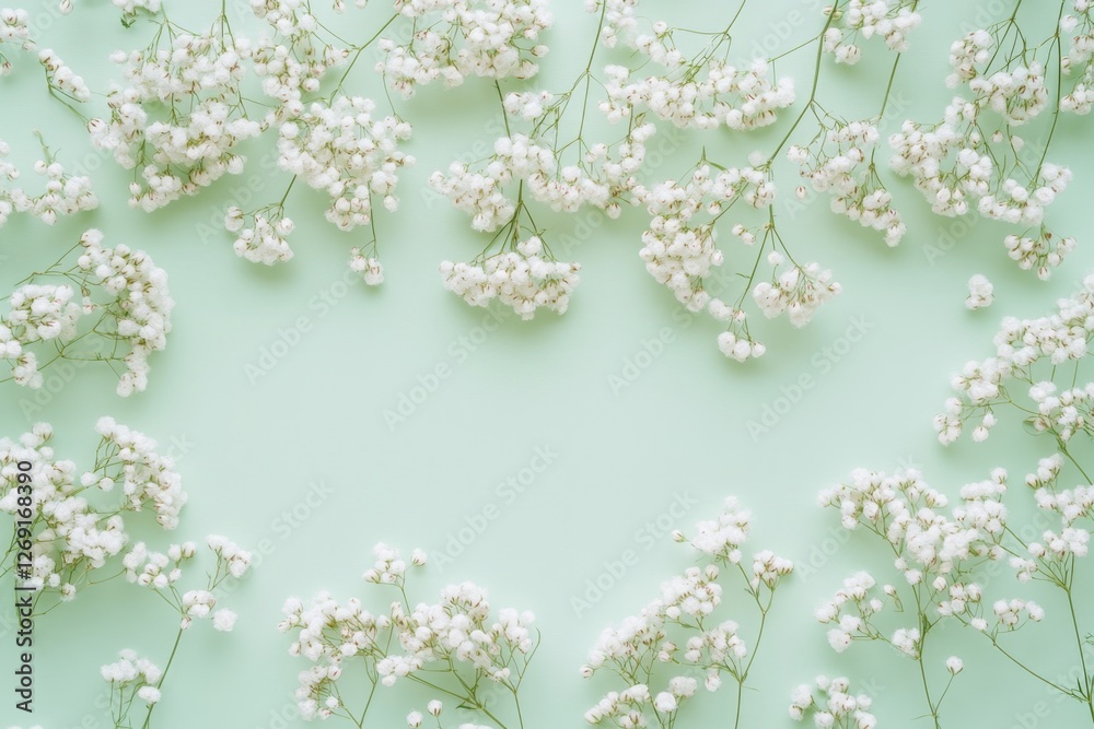 Poster a close-up of small white flowers on a green background, great for using as a design element or addi