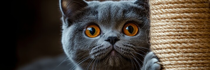 Playful British Shorthair Cat Climbing a Scratch Post