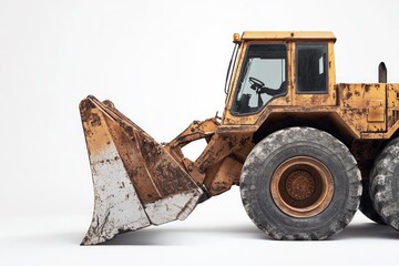 Fototapeta premium A yellow bulldozer sits on a smooth white surface, ready for action