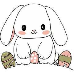 Easter Theme, Cute bunny surrounded by colorful Easter eggs on grass.