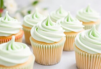 Cupcakes with green cream on white plate. Dessert, bakery concept