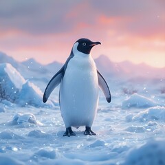 Obraz premium A penguin stands in the snow, silhouetted against a colorful sunset sky.
