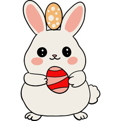 Easter Theme, Cute cartoon bunny holding a decorated egg with a patterned easter egg on its head.