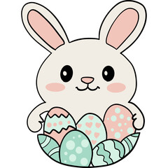 Easter Theme, Cute bunny holding colorful Easter eggs in a basket.