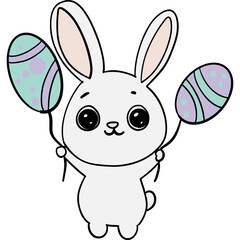 Easter Theme, Cute cartoon bunny holding colorful Easter eggs.