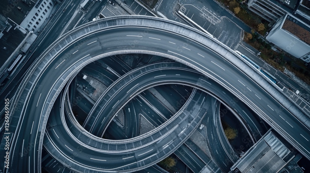 Poster Aerial view of a busy highway intersection with multiple lanes and traffic