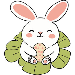 Easter Theme, Cute cartoon rabbit holding an egg surrounded by green leaves.