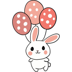 Easter Theme, Cute bunny holding colorful balloons easter eggs in a cheerful illustration.