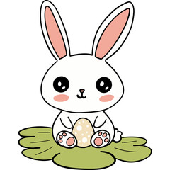 Easter Theme, Cute cartoon rabbit sitting on green grass with an egg.