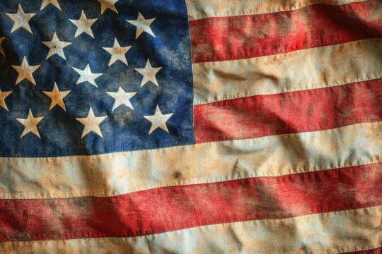 A close-up shot of an old American flag with worn and faded colors
