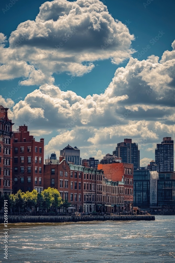 Poster a city landscape with various buildings and structures along the waterfront, suitable for use in urb