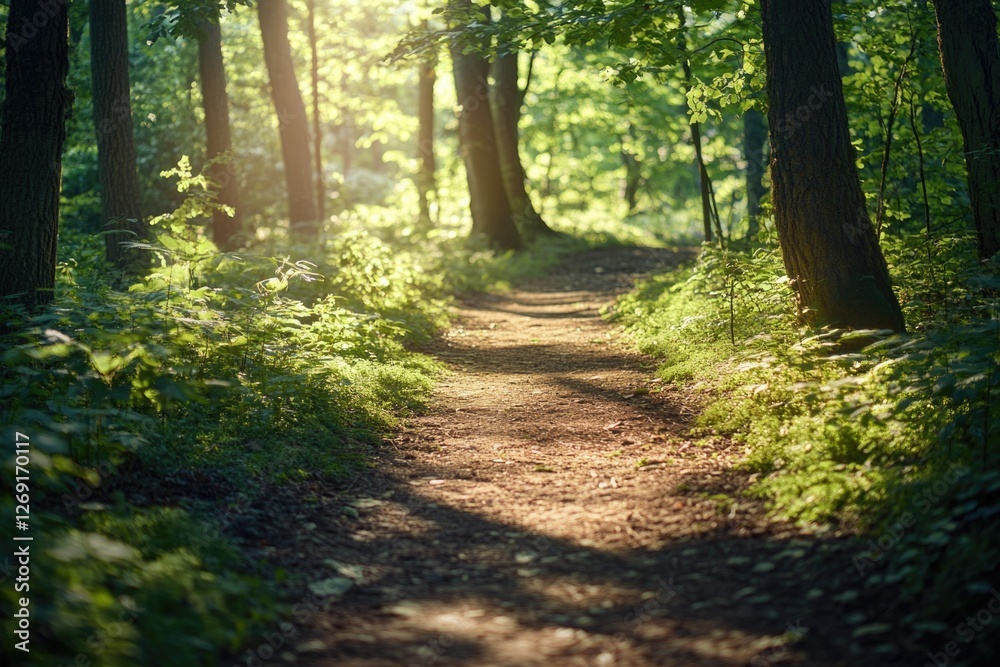 Poster a dirt path surrounded by trees and foliage in a dense forest environment
