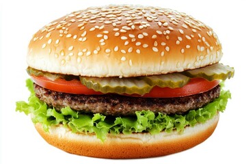 Delicious cheeseburger with fresh ingredients on white background. AI image