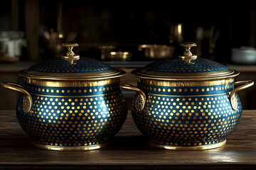 Two Elegant Gold Trimmed Blue Pots On Wooden Surface