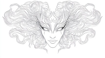 Fantasy female face, flowing hair, ornate details, fine line art, print design, poster