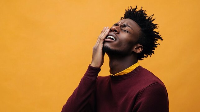 Photo of an attractive man with his hand on his face, crying and screaming in pain due to a toothache, isolated against an orange background, wearing a maroon sweater with a yellow shirt underneath,