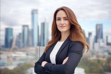 Confident Caucasian businesswoman standing with crossed arms outdoors, with a modern city skyline in the background, symbolizing leadership, success, and professional growth.

