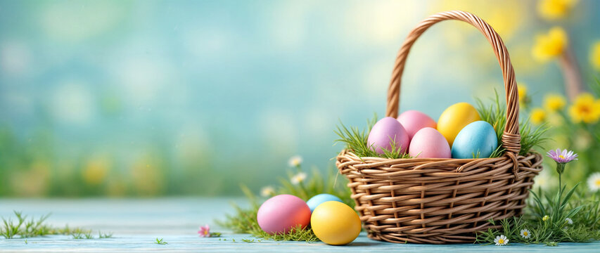 Easter eggs in a basket with flowers 