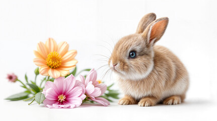 Cute brown rabbit with flowers on white background. Easter concept.
