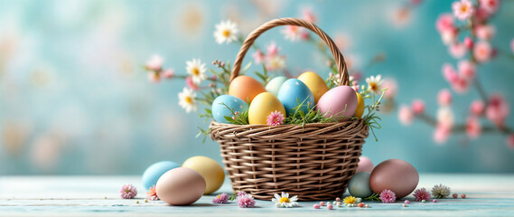 Easter eggs in a basket with flowers 