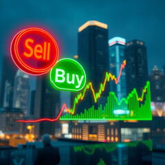 Buy and Sell Stock Market Concept with Financial Growth in a Modern City