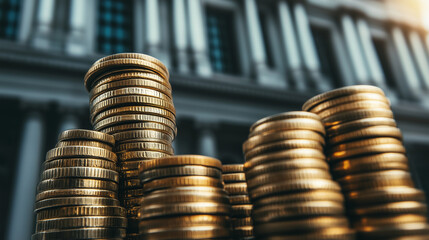 Stacked Coins in Front of a Government Building Representing Economic Growth, Interest Rates, and Fiscal Policy Decisions