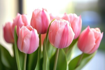 Fototapeta premium Fresh cut pink tulips arranged in a beautiful glass vase