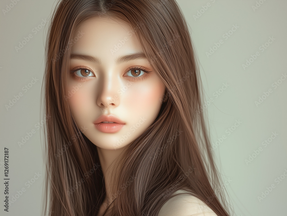 Poster 長い髪が美しい若くて可愛いアジア人女性モデル。美容・ヘアケアのイメージ撮影。