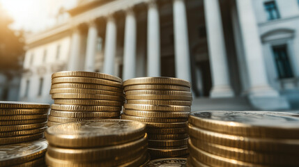 Stacked Coins in Front of a Government Building Representing Economic Growth, Interest Rates, and Fiscal Policy Decisions
