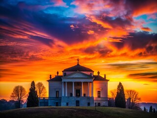 Silhouette of Villa La Rotonda, Vicenza, Italy at Sunset - Architectural Landmark