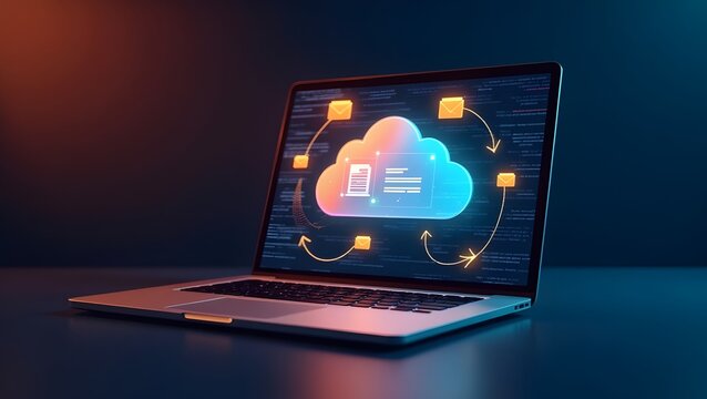 Computer laptop cloud storage, Computer laptop and dashboard for Data document Management System on cloud online documentation database and digital file storage system or software, records keeping