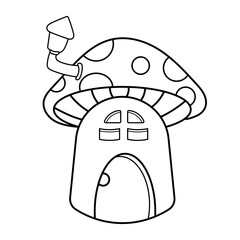 Mushroom House with Chimney Fantasy Vector Illustration. The house features a large, rounded door, two rectangular windows, and an arched attic window. The mushroom cap serves as the roof.