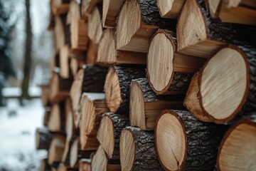 Stacked firewood textures in warm lighting. AI image